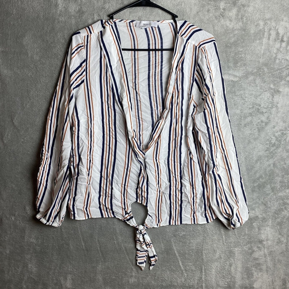 Forever 21 Womens 0X White Striped Tie Front‎ Top